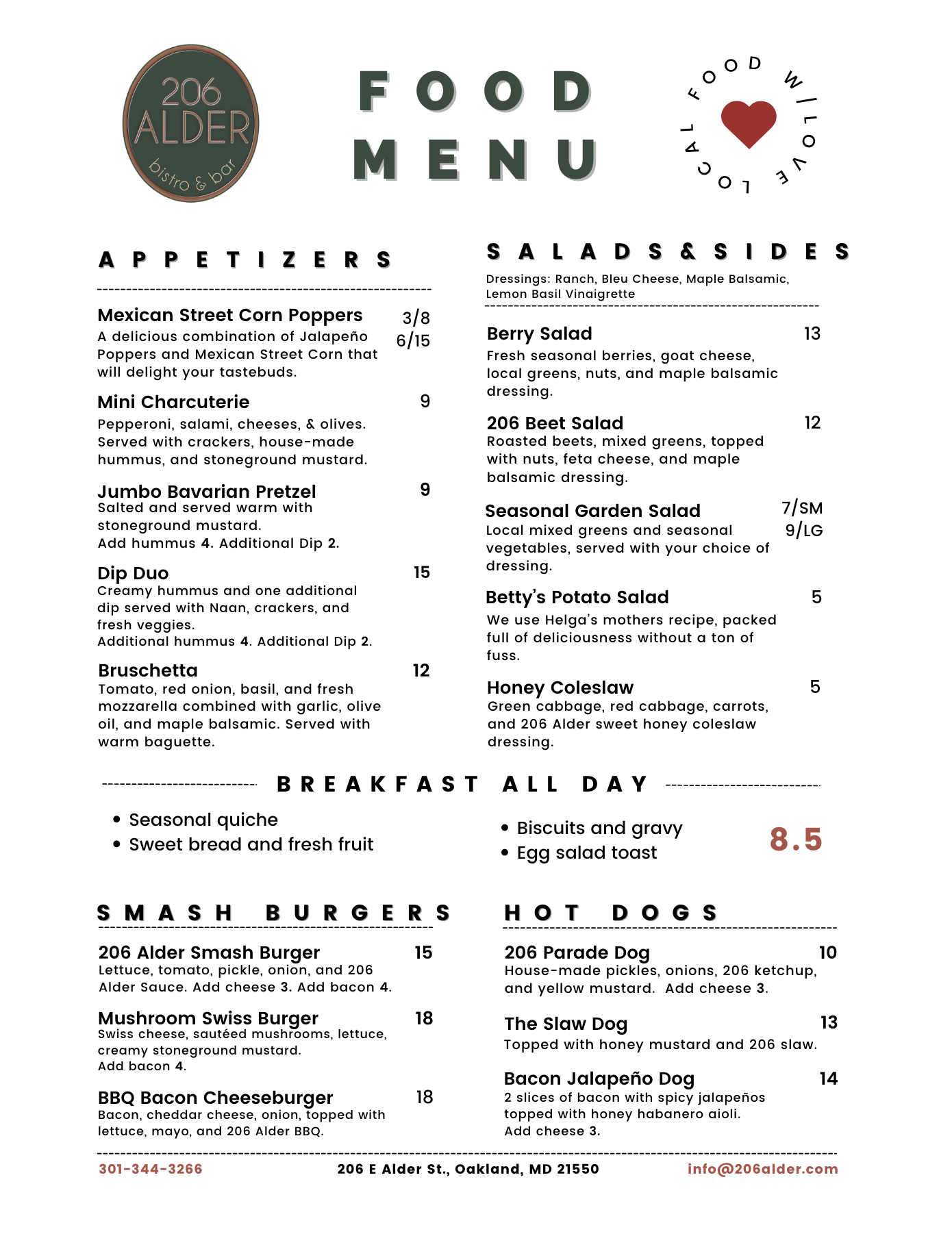 206 Alder Bistro & Bar Menu